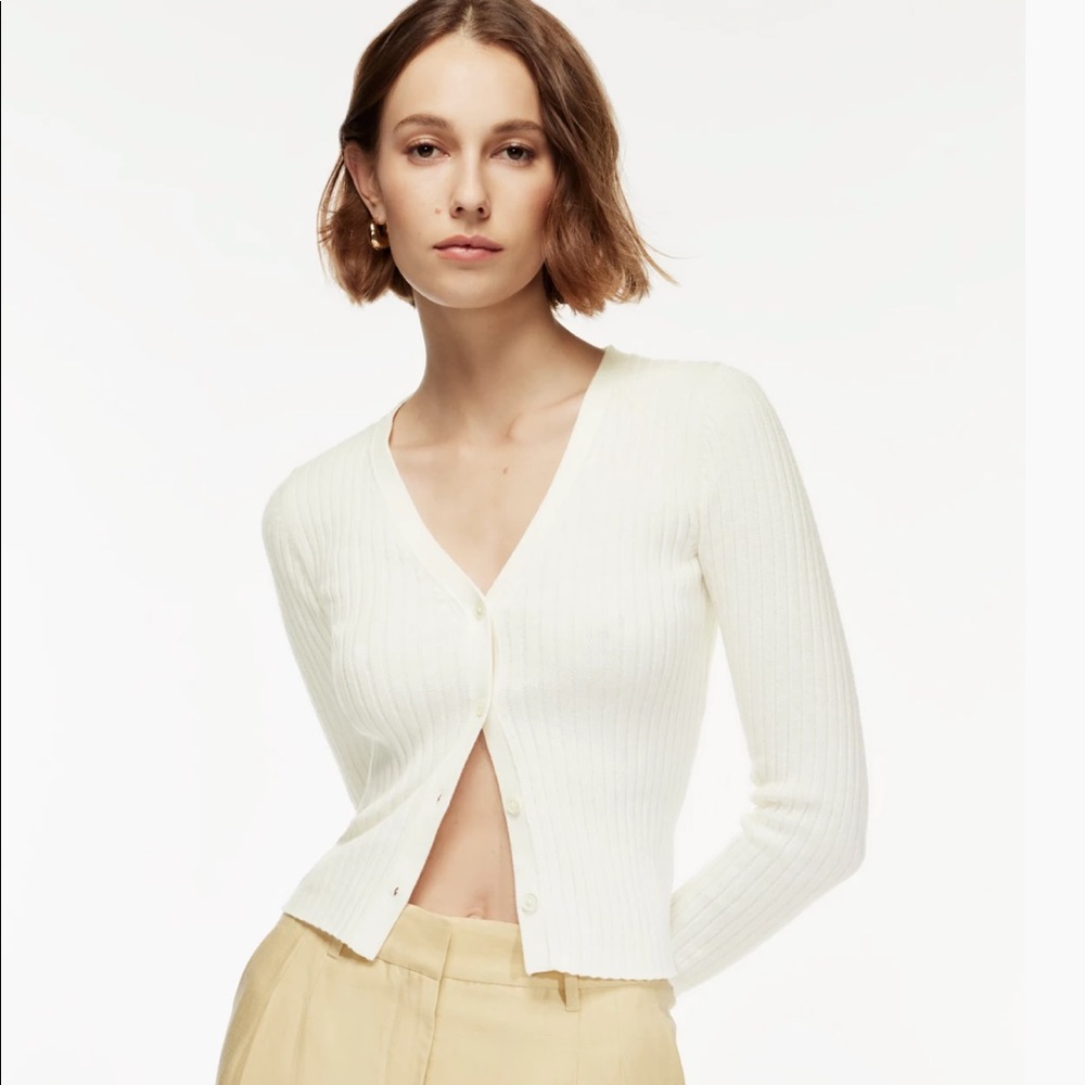 Aritzia White Ribbed Cardigan Sweater